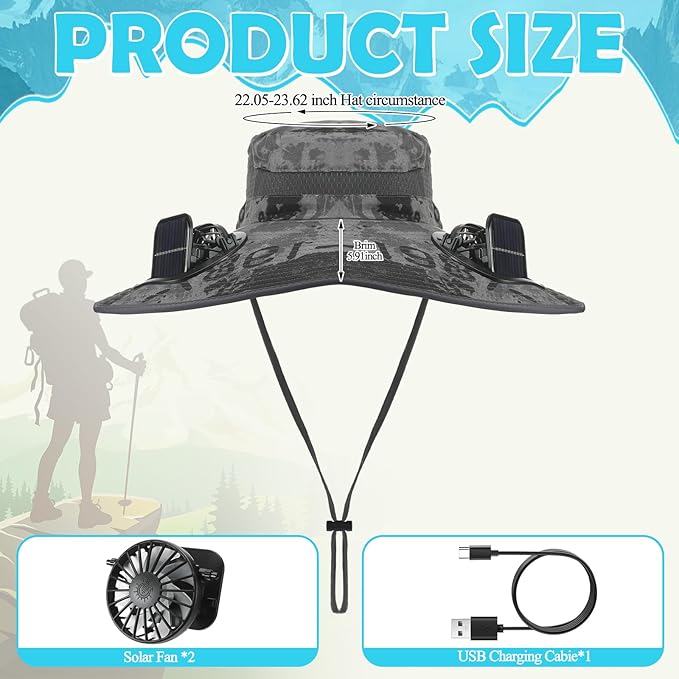 Berlune Men Sun Hat with 2 Solar Fans Wide Brim Outdoor Fishing Hat USB & Solar Powered for Sun Protection Camping Hiking
