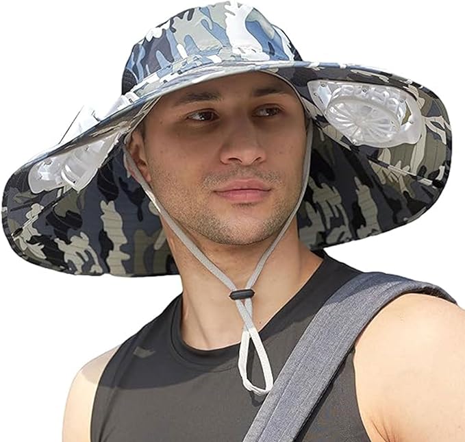 Mens Sun Hat with 2 Fan, Summer Cooling Wide Brim Bucket Hat, Beach Hat Garden Hat, Solar + USB Dual Power Supply