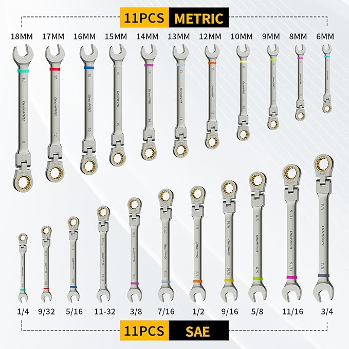 23PCS Flex-Head Ratcheting Wrench Set, Combination Ratchet Wrenches Set Metric and Standard & SAE with Organizer Box, 6-18mm & 1/4" to 3/4" with Color Ring, Nickel Plating Socket Mechanic Tool