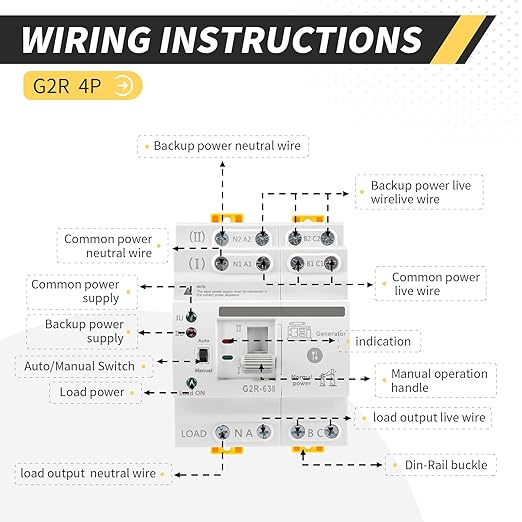 Mini ATS Automatic/Manual Transfer Switch 4P 63A AC110V, Home Generator Manual Transfer for Uninterruptible Power Supply, 3Phas Dual Power Electrical Selector Switch DIN Rail （G2R 4P 63A AC110V）
