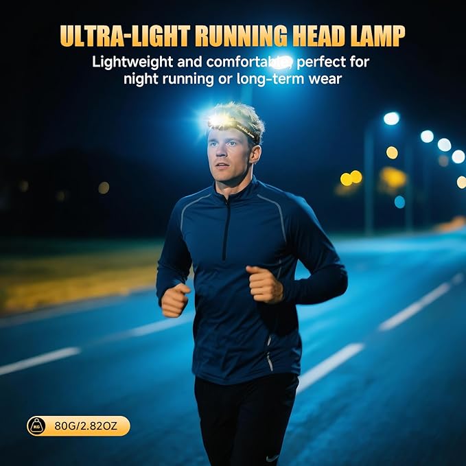 Rechargeable LED Headlamp, High Lumen Super Bright Head Lamp with Red Light, Motion Sensor, 5 Modes, 90° Adjustable, Waterproof Lightweight Headlamps for Adult Running, Camping, Fishing
