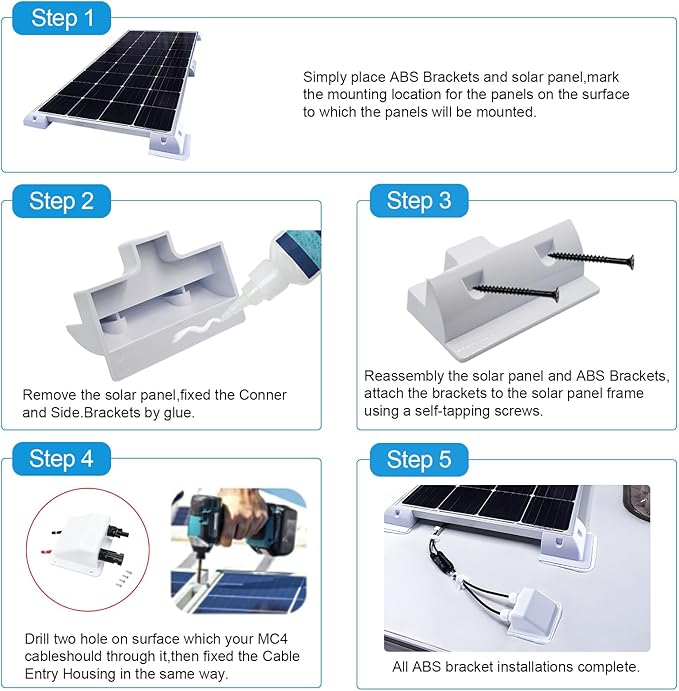 Solar Panel Mounts Bracket Set of 4pcs (White), Drill Free ABS Corner Roof Brackets Mounting Kit, Durable Solar Mount Rack Accessories for RVs, Trailers, Boats, Yachts, Vans, Carports