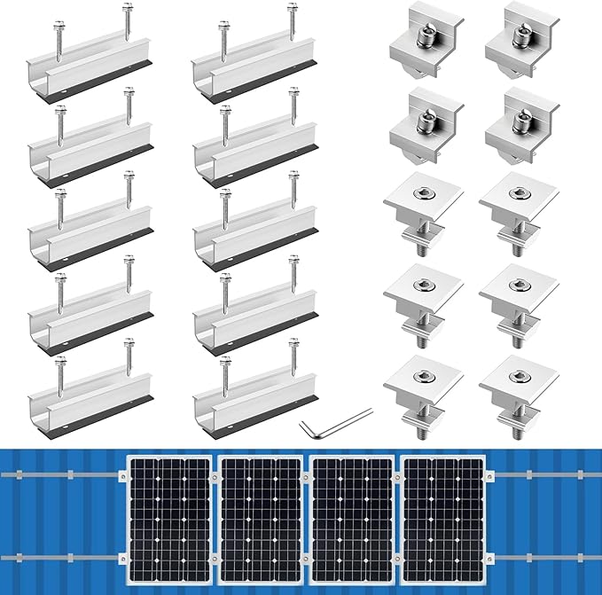 Anbte Solar Panel Mounting Brackets, Included 10 x 4.72 in Rails + 4 end Clamps + 6 Center Clamps + 1 Wrench, Aluminum Solar Mounting Kit for 4 Panels, Waterproof, for Roof, RV, Boat, Silver