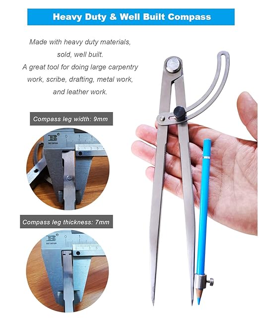ZLKSKER 10 inch Professional Woodworking Compass with Pencil Holder Lockable Wing Divider for Carpenter Leather Work Compass Scribe, Geometry Drafting