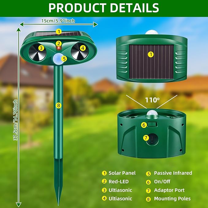 2026 Upgraded Solar Ultrasonic Animal Repellent Outdoor Deer Repellent Devices Motion Detection for Raccoon Squirrel Rabbit Dog Cat Deterrent Keep Chipmunk Rodent Away from Yard Lawn,4Pack