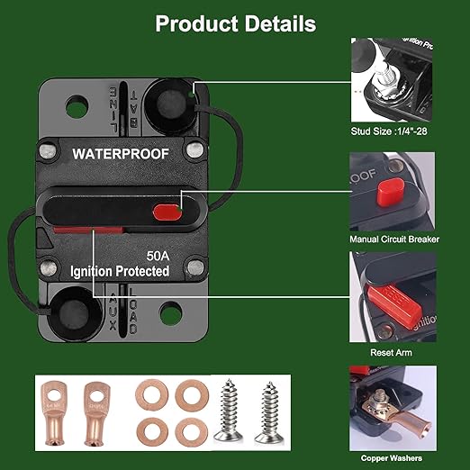50Amp Circuit Breaker with Manual Reset, Waterproof Inline Fuse for Boat Trolling Motor Marine ATV Trailer Vehicles Stereo Audio Electronic Battery Solar System, Suitable for 12V-48V DC