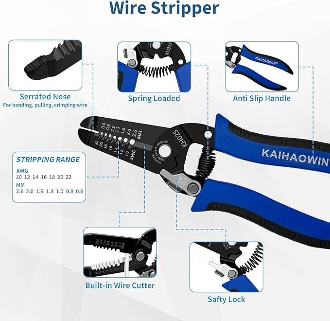 KAIHAOWIN 1 Pack Wire Stripper and Cutter with Safety Lock and Spring Loaded Professional Stripping Pliers Electrican Tool Small Gauge for 10-22 AWG Stranded Wire