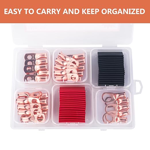 6 AWG Pure Copper Ring Terminal Kit (62 Pcs) - 30 Battery Lugs (1/4", 5/16", 3/8", 1/2") with 32 Heat Shrink Tubes for 6 Gauge Wire in Automotive, Solar, Inverter, Marine, RV Applications