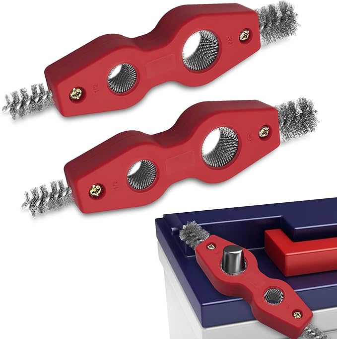 Car Battery Terminal Cleaning Brush, 4 in 1 Auto Battery Terminal Cleaning Tools, Copper Pipes Cleaner Brush Tool, Universal Battery Terminals Machine Parts Cleaning Tool (Red, 2PCS)