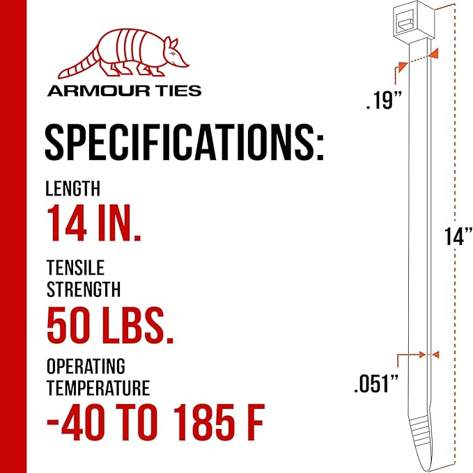14-inch Black Zip Ties Heavy Duty UV Resistant Nylon Cable Ties, 50lb Tensile Strength, 100-Pack - Durable Wire Ties, Heavy Duty Tie Straps Indoor and Outdoor Cable Management Solution by ARMOUR TIES
