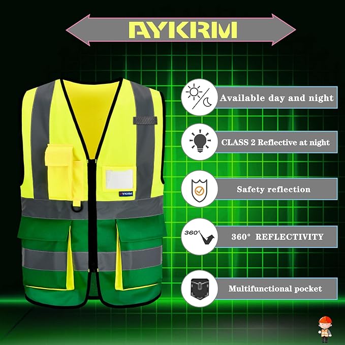 4XL 5XL Yellow green High Visibility REFLECTIVE WORK Safety Vest with zipper Reflective Strips 7 Pockets