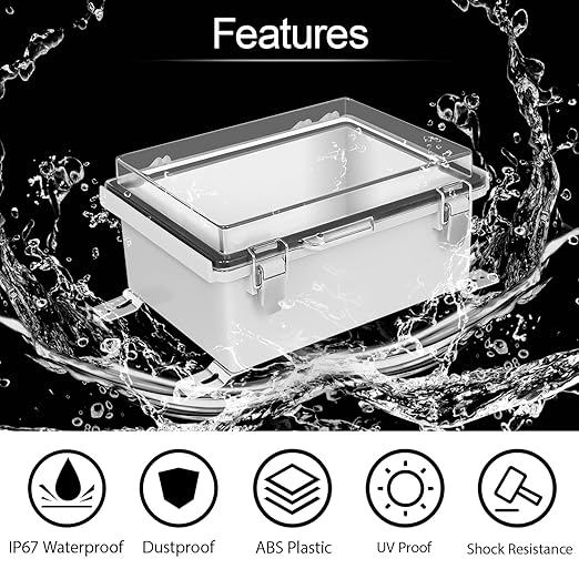 LeMotech Electrical Box, IP67 Waterproof Hinged Clear Cover Stainless Steel Latch Junction Box, ABS Plastic Electrical Enclosure with Mounting Plate,Wall Brackets, Cable Glands,8.2"x6.3"x3.9", Grey