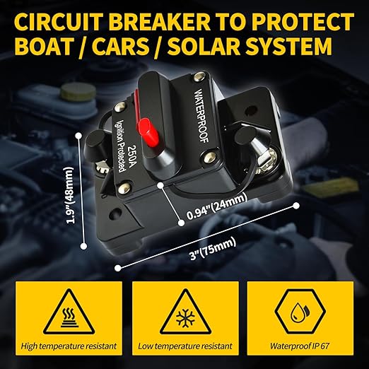 250Amp Circuit Breaker DC 12V-48V for Marine Boat Trolling Motor Automotive RV Trailer Car Solar System Battery Disconnect with Manual Reset Switch, IP67 Waterproof (Pack of 2)