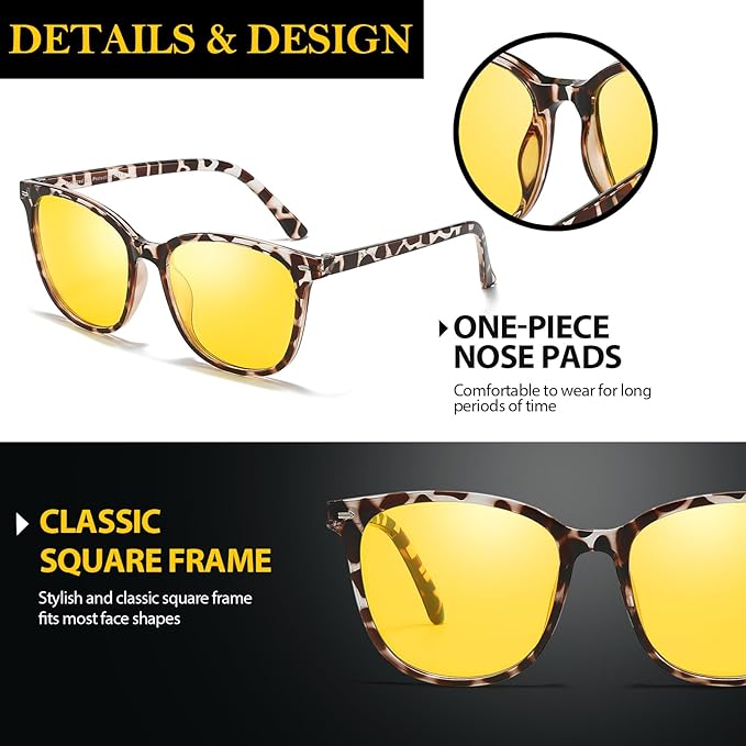 TJUTR Night Vision Driving Glasses for Men & Women, Polarized Anti Glare Yellow Lens Glasses for Night Time Safety TN2582N
