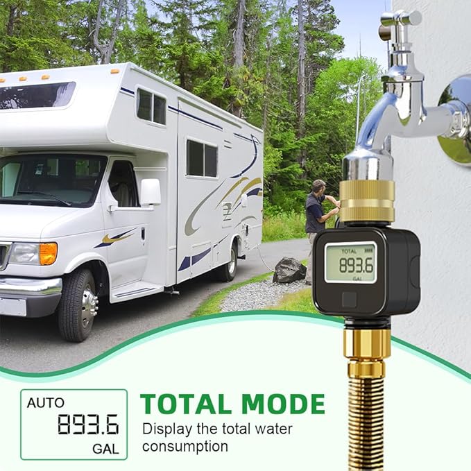 Water Flow Meter with Brass Metal Thread, Measures Gallons/Liters & Flow Rate – Ideal for RV Water Tank Filling, Garden Hose Watering, Lawn Sprinklers & Nozzle Sprayers