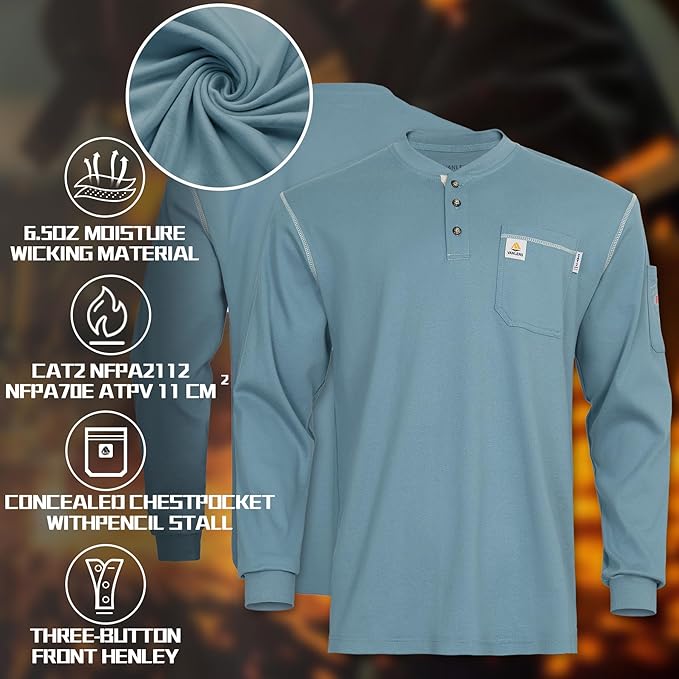 FR Shirts for Men CAT2/HRC2 Flame Resistant Shirts 6.5oz Light Weight Long Sleeve Fire Retardant Shirts
