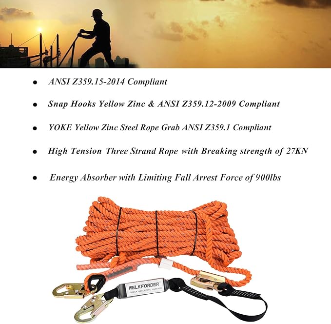 100FT Vertical Lifeline Assemble Three Strand Rope Fall Protection with Rope Grab Snap Hooks Shock Absorber Fall Protection Safety Equipment ANSI Compliant