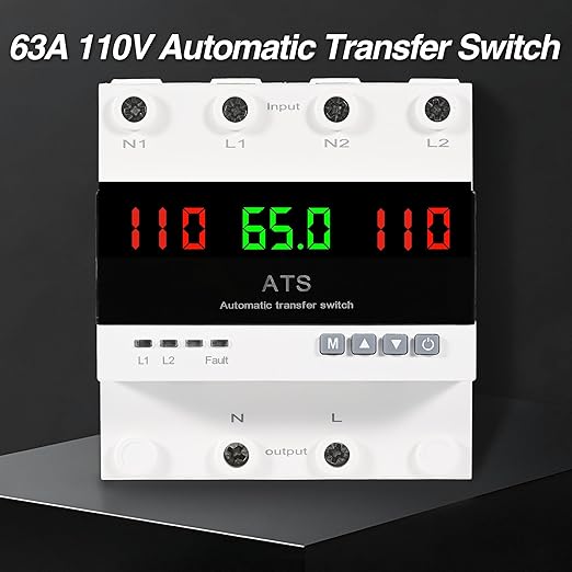 63A 110V Automatic Transfer Switch, Auto/Manual Generator Transfer Switch, DIN Rail Mount ATS with LED Display Safety Protections for Home Generator Inverter Utility Power L1 Priority Phase Selector
