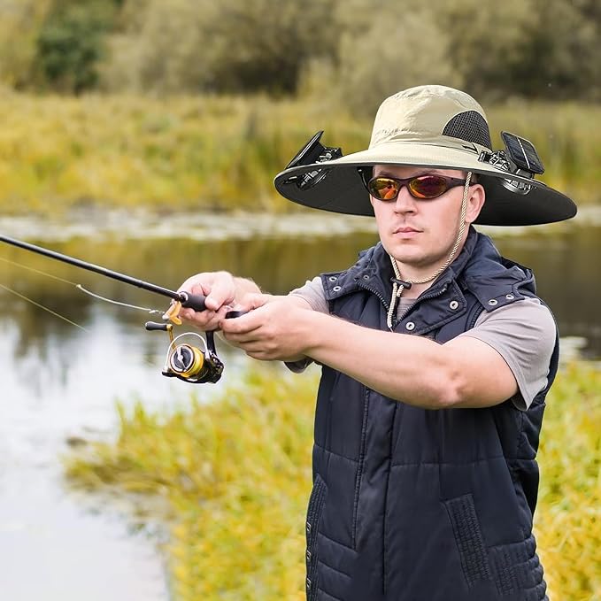 Wide-Brimmed Solar Fan Outdoor Fishing Hat, Solar and USB Charging, Long Battery Life Fan Hat, Waterproof Sun Hat Upf50+