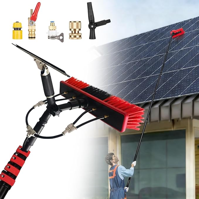 Solar Panel Cleaning Brush & Squeegee, Water Fed Pole Kit, Solar Panel Cleaning Kit, 2 Dusting Brush, Lightweight & Extendable Poles, Water Fed Poles Kit for Roof Window Greenhouse(16FT/4.8M)