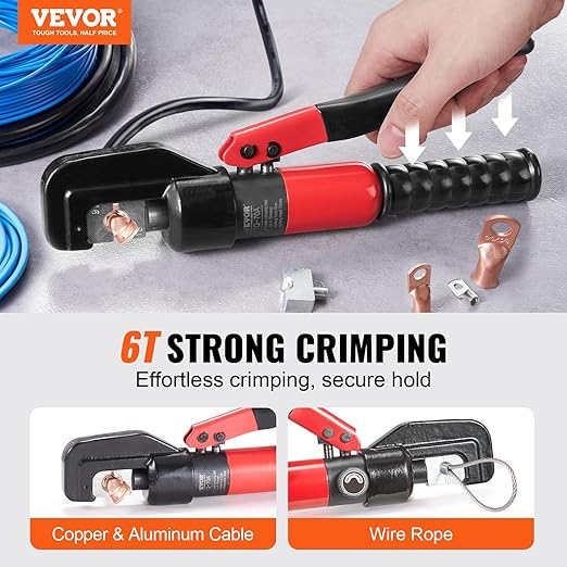 VEVOR Crimping Tool, AWG12-2/0 Copper And Aluminum Terminal Battery Lug Hydraulic Crimper, with a Cutting Pliers, Gloves, 5pcs Copper Ring Connectors, 8 x Heat Shrink Sleeves and a Blow Moulded Case