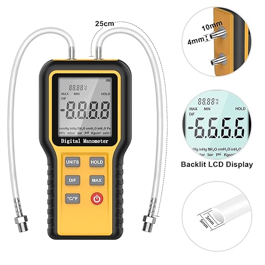 BTMETER Manometer Gas Pressure Meter, Dual Port Manometro Pressure Differential Gauge Check Air Flow Pressure for HVAC Gas Furnace, Digital Manometer w/Backlight 12 Measure Units QX-1201