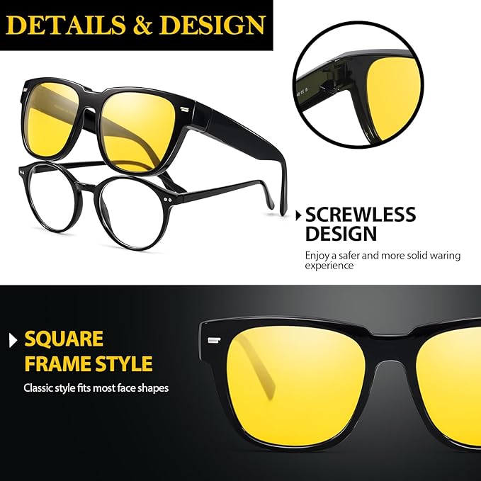 TJUTR Fit-Over Night Vision Driving Glasses for Men Women, Anti-Glare Polarized UV400 Yellow Lenses for Nighttime Safety