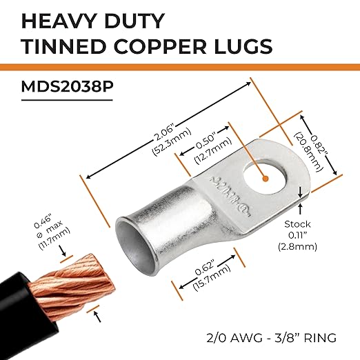 SELTERM 15pcs 2/0 AWG 3/8" Stud UL Marine Grade Battery Terminal Connectors Tinned Copper Battery Cable Lugs 00 Gauge Wire Connectors Electrical Battery Cable Ends Ring Terminals Tinned Copper Lugs