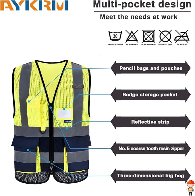 A-SAFETY High Visibility Mesh Safety Reflective Vest with Pockets and Zipper,Hi Vis Viz Reflective Safety Vest(Yellow&Navy Mesh S)