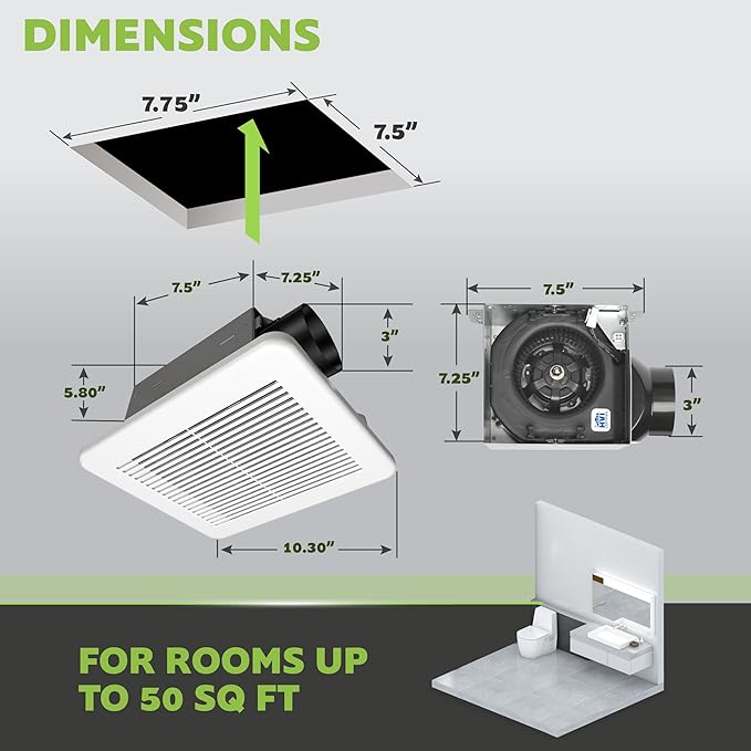 Homewerks 7114-02-HW DC Bathroom Fan 50-CFM 1.0 Sone White Ventilation Fan, Energy Star-Qualified with 3-inch Duct for 2x4 Construction