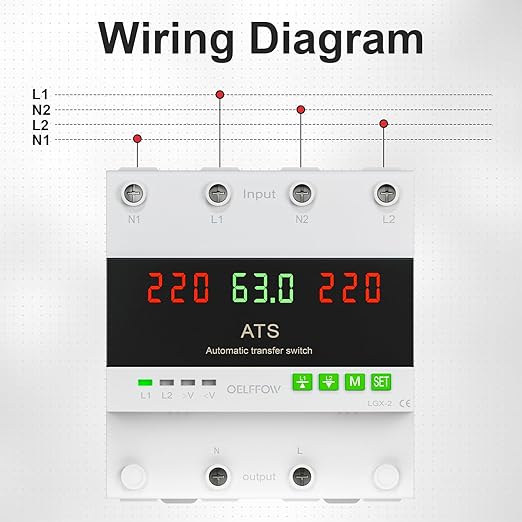 110 VAC Dual Power Automatic Transfer Switch, 2-Pole 63 Amp DIN Rail ATS, Adjustable Emergency Power Switch with 3.54” Guide Rail