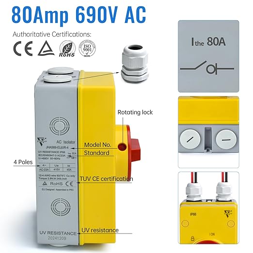 80 Amp Disconnect Switch 690V AC IP66 Waterproof 80A Isolation PV Disconnect On Off Combiner Box 4 Pole Combiner Box for PV Systems