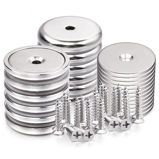 LOVIMAG Neodymium Cup Magnets, 100lbs Holding Force Strong Rare Earth Magnets with Countersunk Hole and Iron Sheet and Screw for Holding Tools Lifting, Hanging, Door, 1.26 inch, Pack of 12
