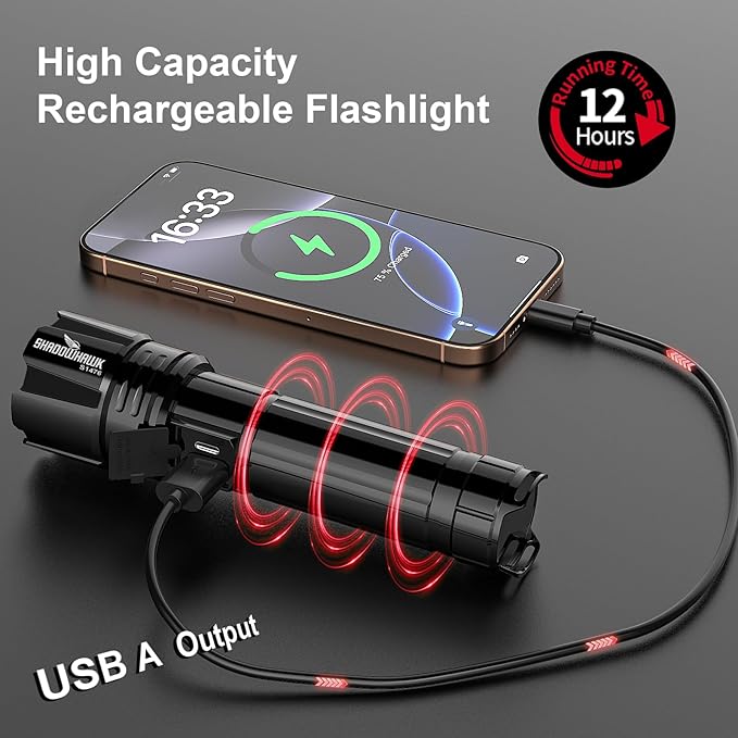 Flashlight 10000 High Lumens Rechargeable - 30W Super Bright LED Flash Light | 5000ft Beam & 12H Long Lasting USB C High Powered Handheld Police Flashlight for Home, Camping, Hiking, Emergency