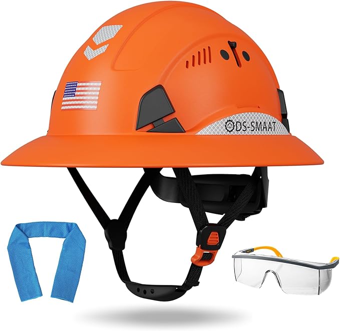 Full Brim Hard Hat ANSI Z89.1 Type 1 & OSHA Certified Safety Helmet with Glasses and Cooling Towel,with 6-Point Suspension & Adjustable Vents