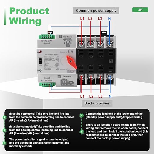63Amp AC110V Automatic/Manual Transfer Switch 4P 50/60Hz, 4POLE 100A Mini ATS Solar Auto Dual Power Switch for Home, Din Rail Mounted Cn Automatic Changeover Fast Transfe for Rv, Lv Power