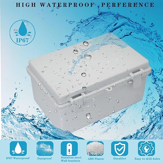 Waterproof Outdoor Electrical Box Junction Box Weatherproof IP67 ABS Plastic Enclosure Switch Router Project Box with 2 Cable Glands Grey 11.4"x7.5"x5.5"