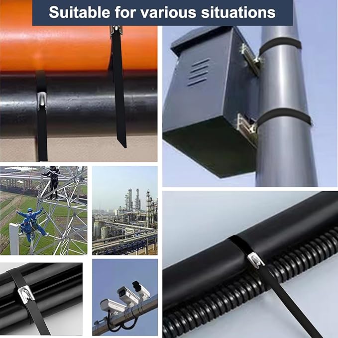 100PCS 11.8" Black Epoxy Coated Metal Zip Ties, Heavy Duty Self-Locking Stainless Steel, Corrosion Resistant for Harsh Environments, Ideal for Machinery, Vehicles, Farm, Cable & Pipe Binding