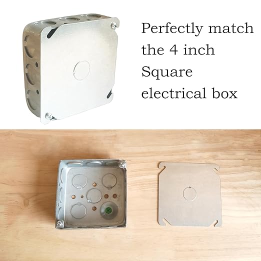 4 Packs Square Electrical Box Cover with 1/2 Inch Knockout, 4 Inch Metal Junction Box Covers, Flat Outlet Box Plate with Angled Mounting Slots for 4 inch Square Box