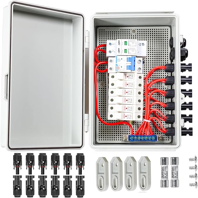 Combiner Box for Solar Panels Pv Combiner Box Solar Combiner Box with 6 String 15A Rated Current Fuse Surge Protective Device and 63A Air Circuit Breaker for On/Off Grid Solar Panel System