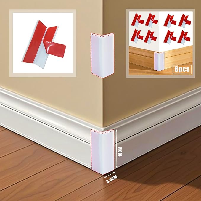 White Baseboard Corners Blocks Self Adhesive, Thickened Rubber Baby Safety Corner Protectors Cushion, Soft Edge Furniture Wall Guards (8 PCS)
