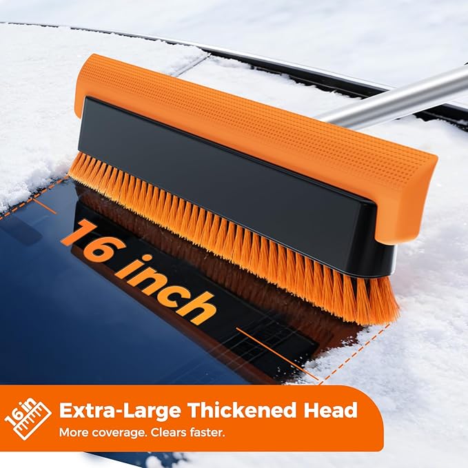 16" Large Snow Brush for Car Windshield,Non-Scratch Snow Scraper,55" Extendable Snow Broom with Foam Grip,Snow Remover for Cars, Truck, SUV (Orange, Large)