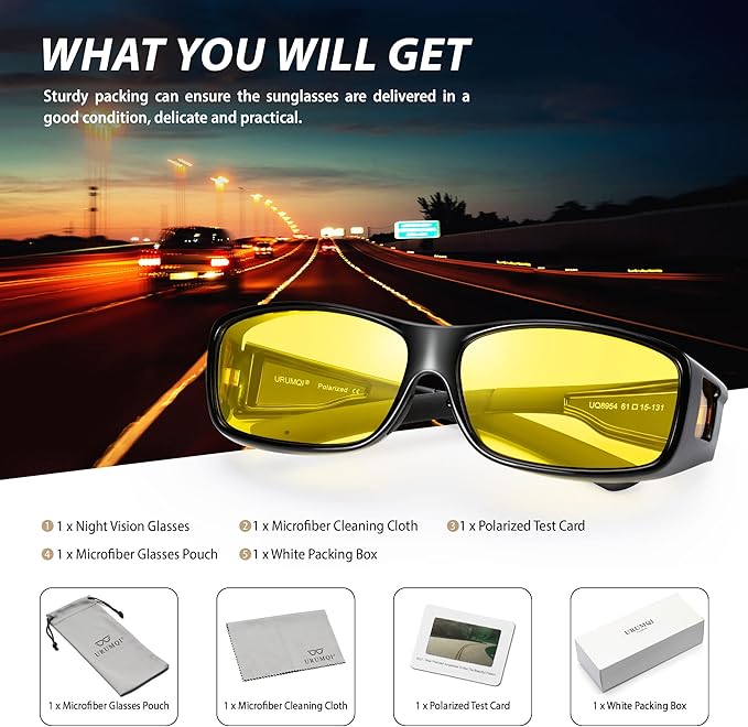 URUMQI Night Vision Driving Glasses Fit Over Eyeglasses for Men Women, Anti Glare Polarized Nighttime Glasses Yellow Lens