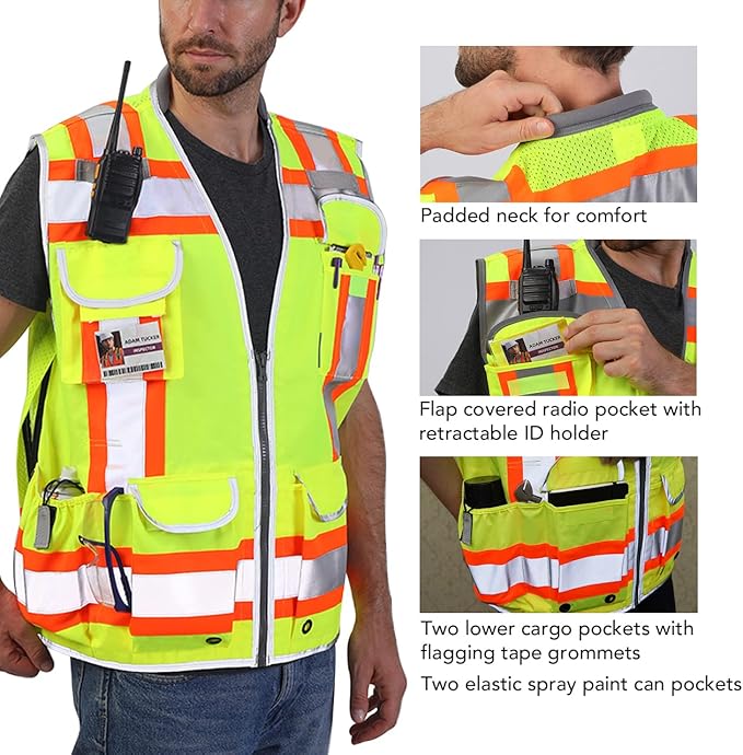 Dib Safety Reflective Vest Heavy Duty, High Visibility Two Tone Engineer Vest, Padded Collar, Retractable ID Pocket, Made with 3M Reflective Tape, Yellow M