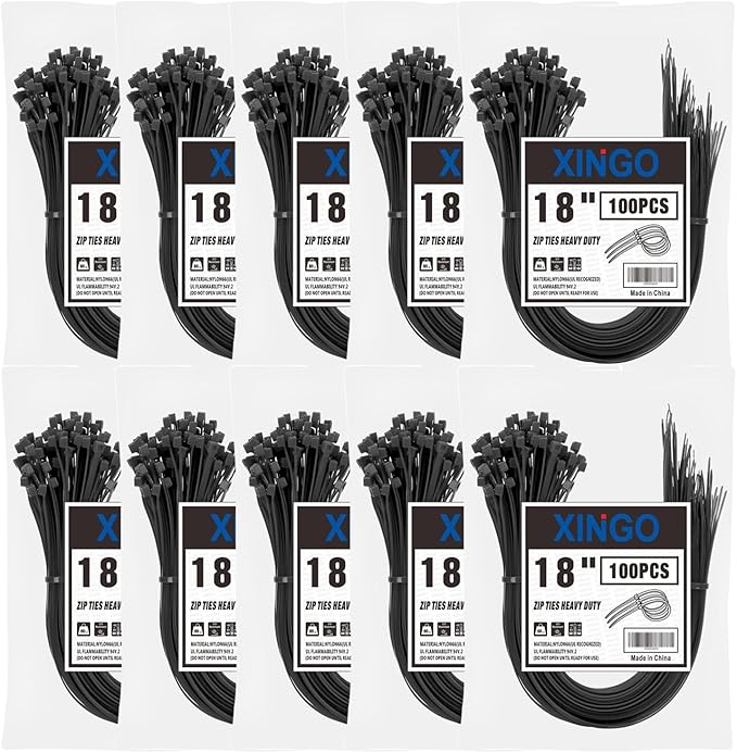 XINGO 1000PCS 18 Inch Black Zip Ties Heavy Duty, 60lb Tensile Strength, UV Resistant Cable Ties for indoor and outdoor use ﻿