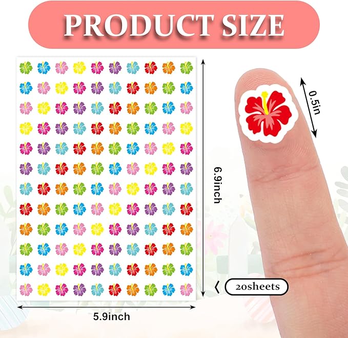 JarThenaAMCS 2400Pcs Hibiscus Flower Mini Stickers Summer Tropical Floral Adhesive Label Decals for Hawaiian Luau Party DIY Crafts Envelope Scrapbook Supplies, 0.5 Inch