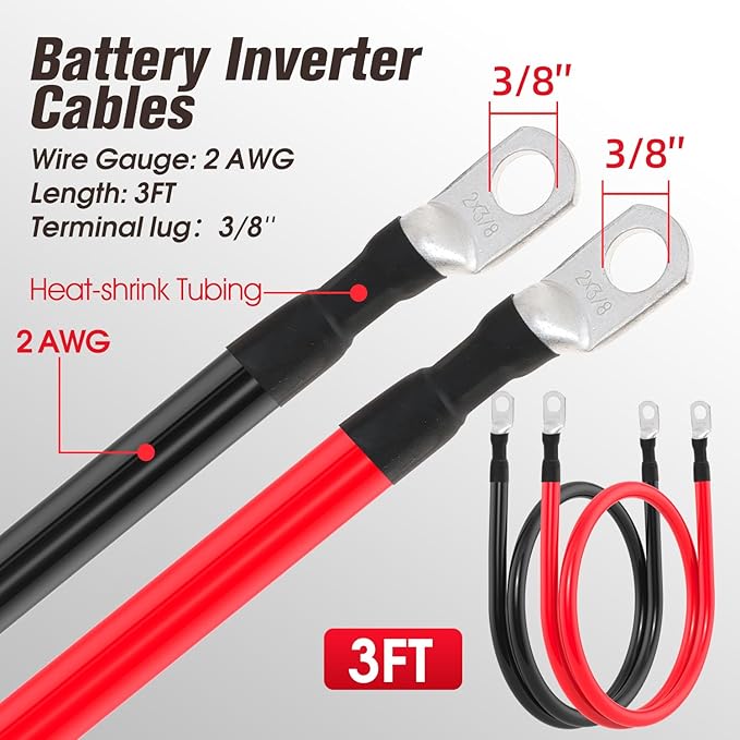 2 AWG Battery Cable 2AWG Gauge Battery Inverter Cables for Automotive Solar Marine Boat RV Car Motorcycle (2 AWG, 3FT, 3/8")