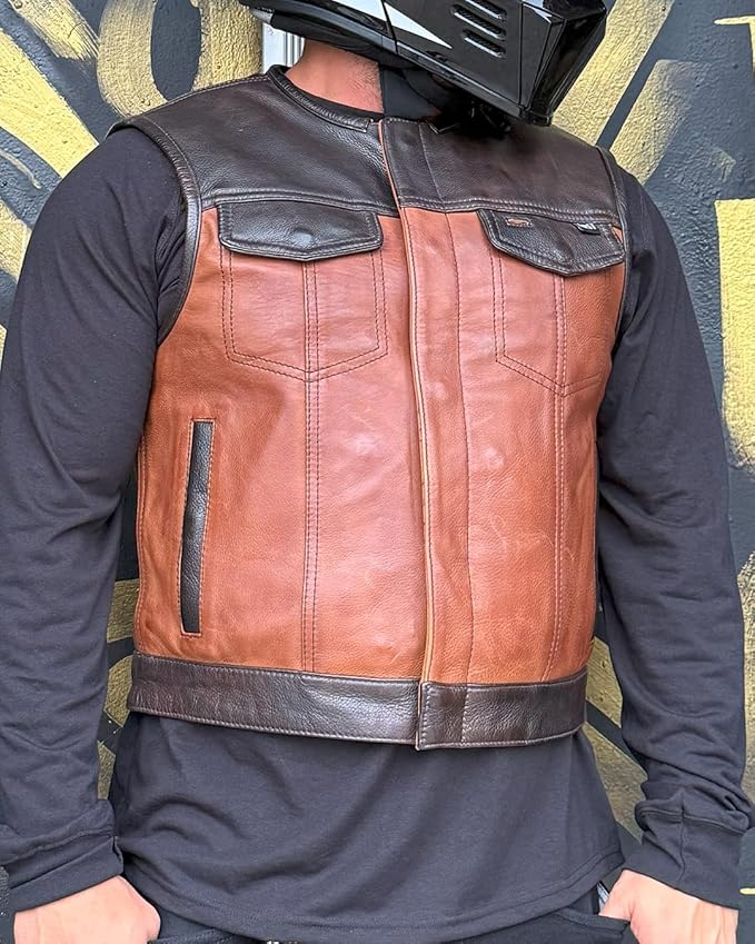 First Mfg Co - Lowside - Mens Motorcycle Biker Riding Canvas, Leather, Twill, Perforated Leather Vest