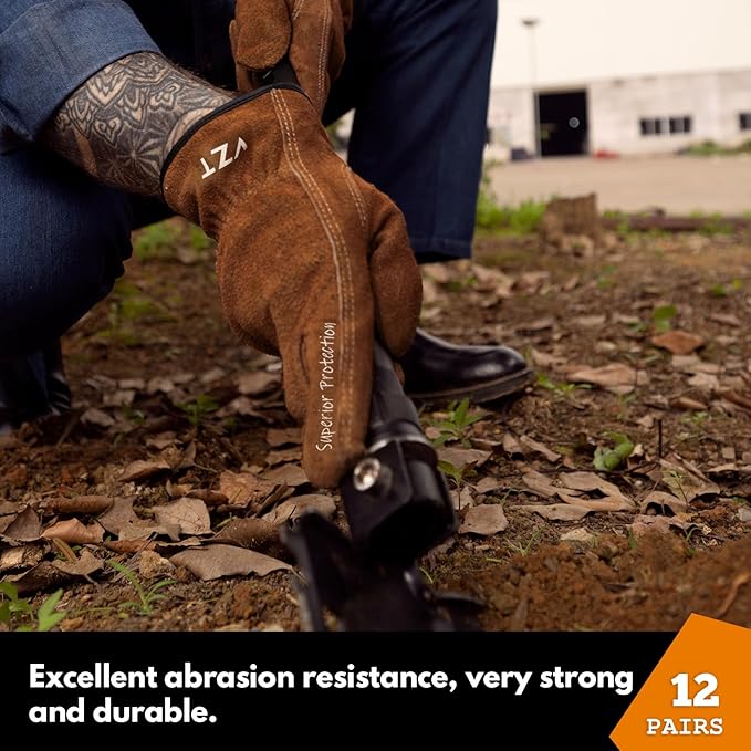 12 Pairs Bulk Leather Work Gloves for Men or Women for Construction, Farm, Ranch, Woodworker, Soft, Keep warm，Cowhide Thickened, Water Resistant, Brown, L