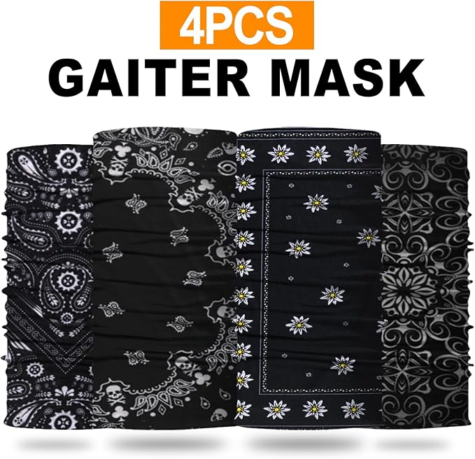 4Pack Neck Gaiter for Men Women Face Cover Mask Head Wrap Balaclava Headwear Bandana Headband Magic Scarf